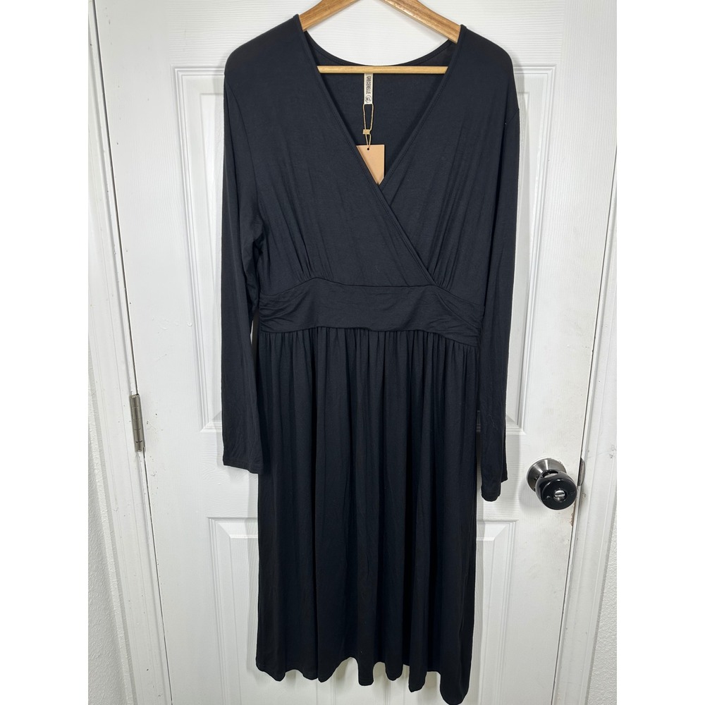 Grecerelle Dress Womens XL Black Faux Wrap V-Neck Long Sleeve Midi Casual‎ Solid